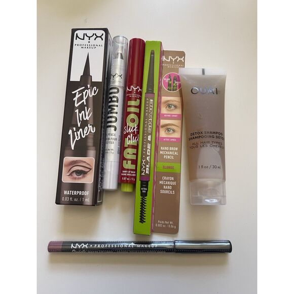 NYX Lot Makeup Lip Liner Lipstick Eye Liner Brow Pencil OUAI Shampoo Sample 6 Pc - Picture 1 of 1